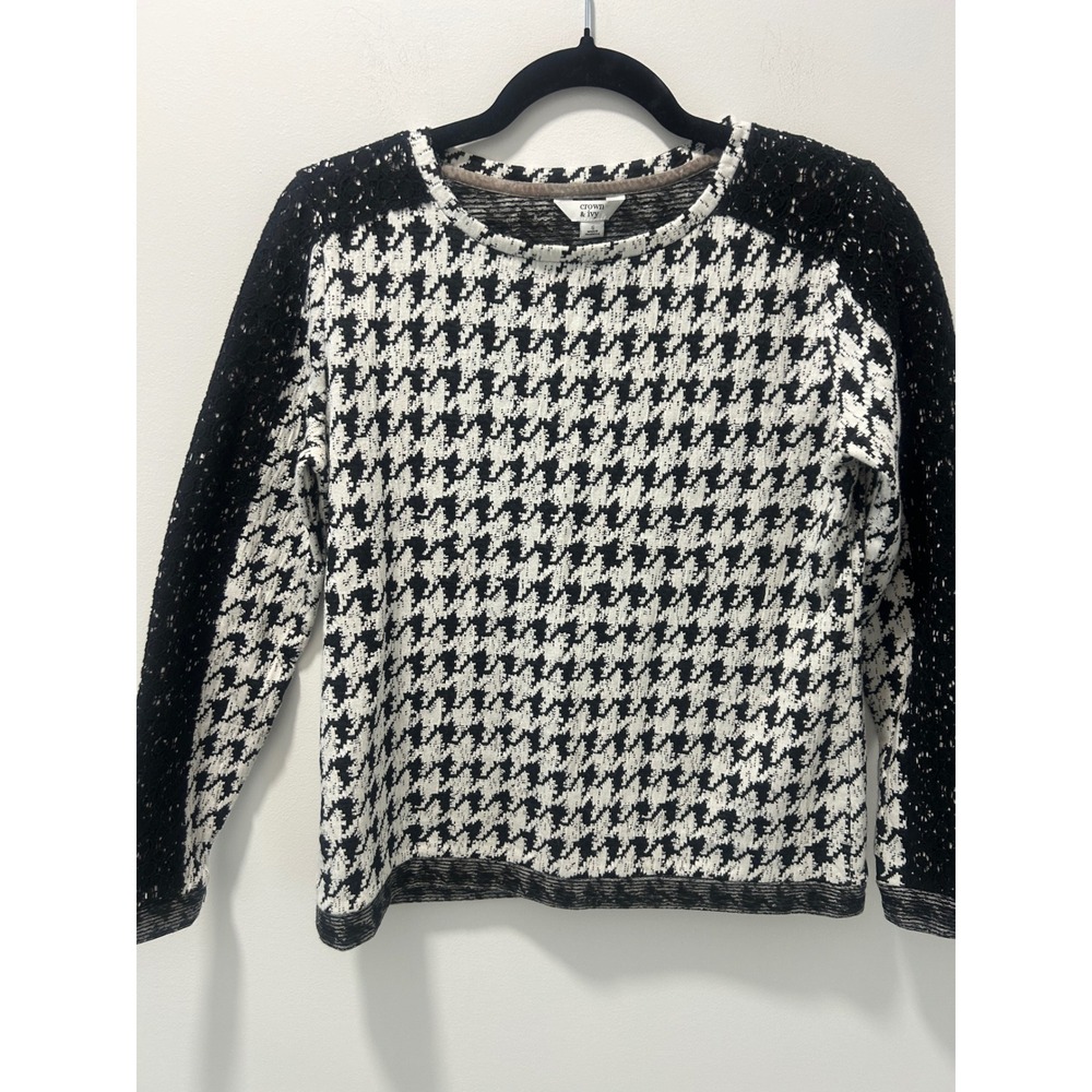 Crown & Ivy Womens Houndstooth Lace Sleeve Preppy Top Black White Small